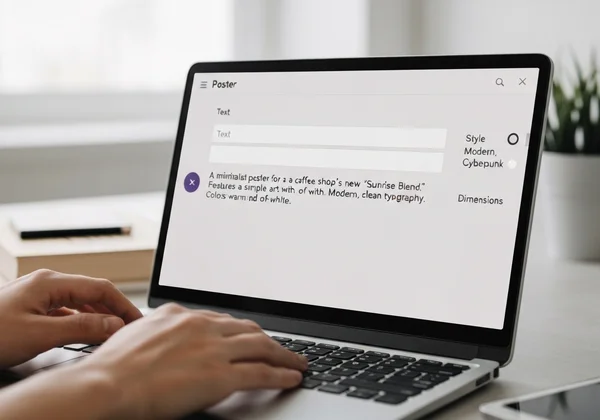 User typing text prompt into an AI poster design interface
