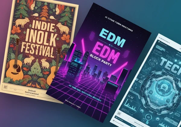 Diverse AI-generated event posters, concert to workshop