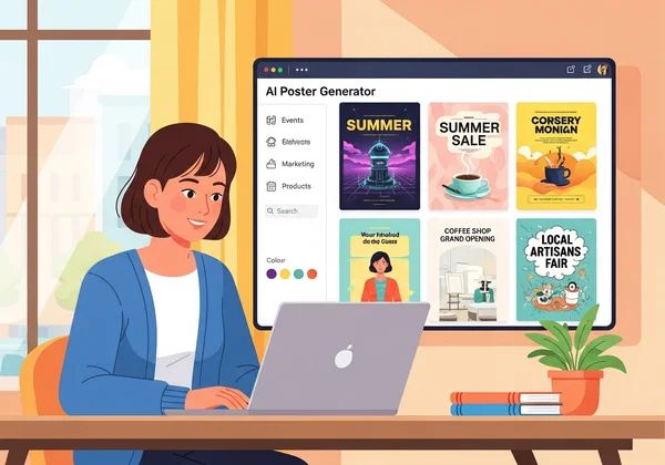 Small business owner creating AI-generated poster