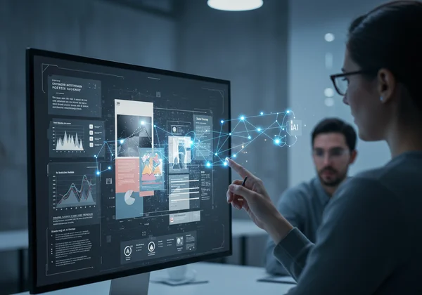 AI designing an academic poster on a digital screen