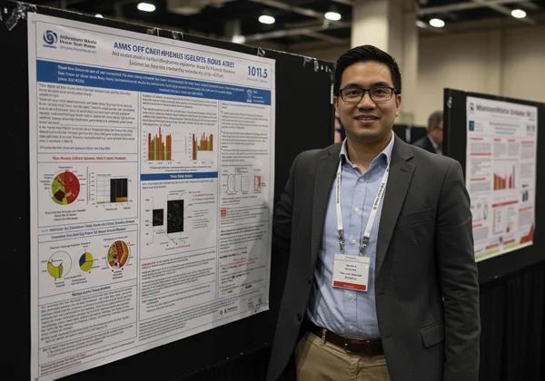 Professional holding a vibrant, print-ready academic poster