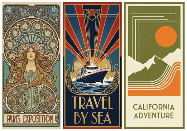 Collage showcasing Art Nouveau, Art Deco, Mid-Century Modern styles