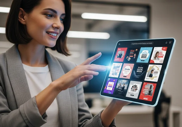 Marketer using AI tool to create vibrant social media posts