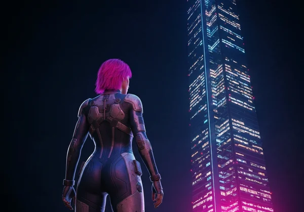 Vibrant cyberpunk poster with neon city and lone figure