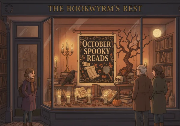 Bookstore window with AI-generated Halloween poster